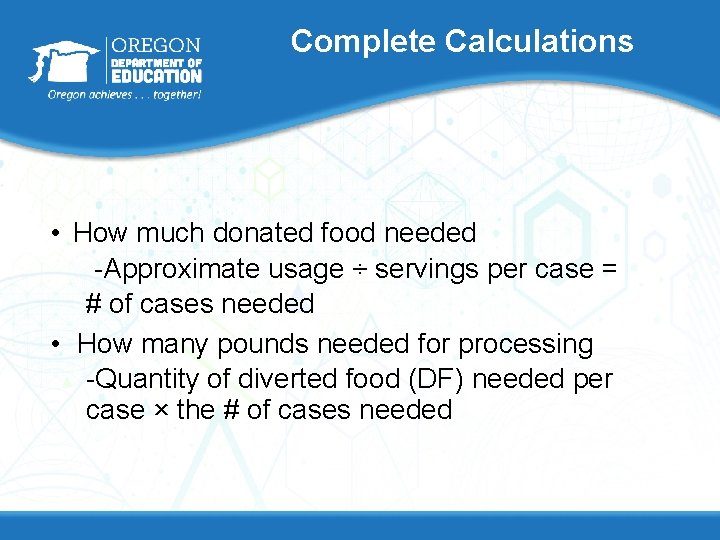 Complete Calculations • How much donated food needed -Approximate usage ÷ servings per case