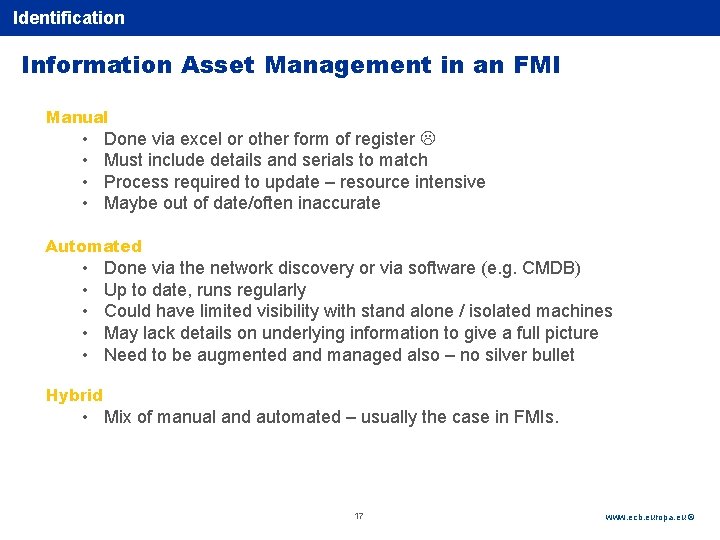 Identification Rubric Information Asset Management in an FMI Manual • • Done via excel