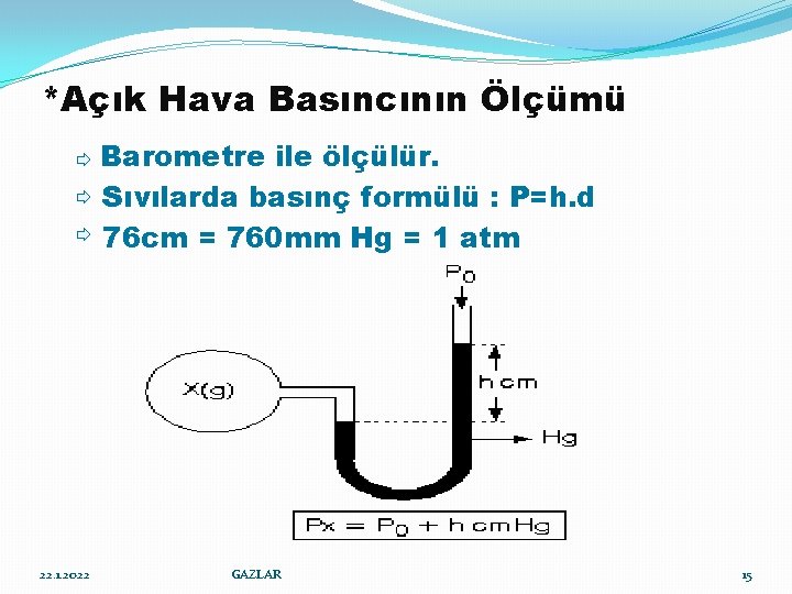 *Açık Hava Basıncının Ölçümü Barometre ile ölçülür. Sıvılarda basınç formülü : P=h. d 76