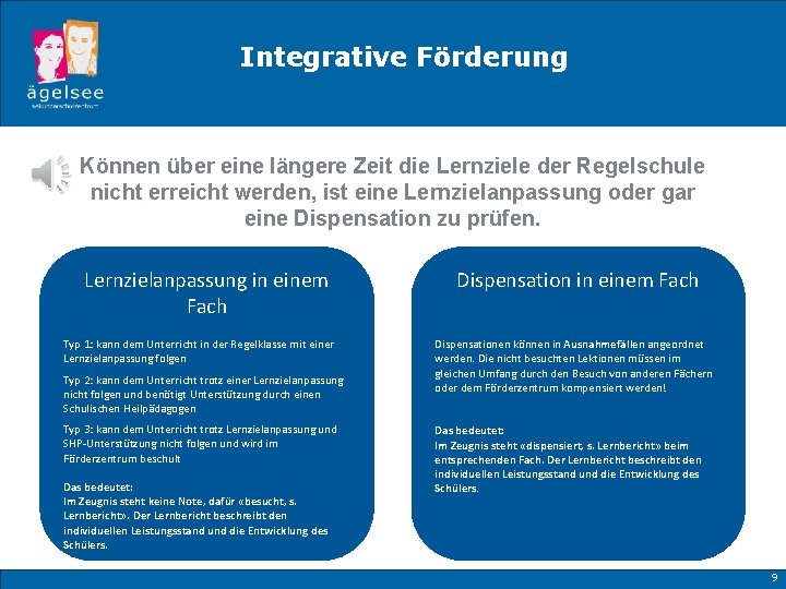 Integrative Förderung Können über eine längere Zeit die Lernziele der Regelschule nicht erreicht werden,