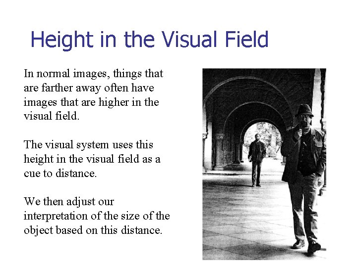 Height in the Visual Field In normal images, things that are farther away often