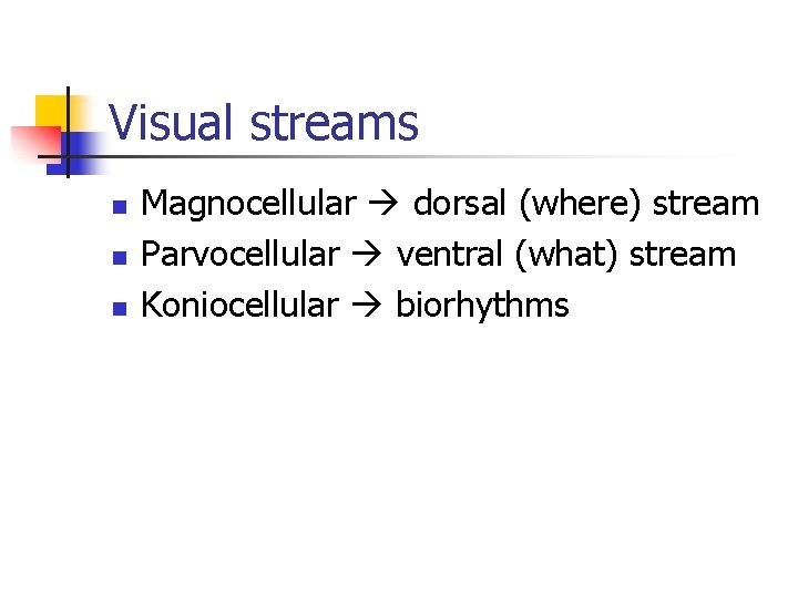 Visual streams n n n Magnocellular dorsal (where) stream Parvocellular ventral (what) stream Koniocellular