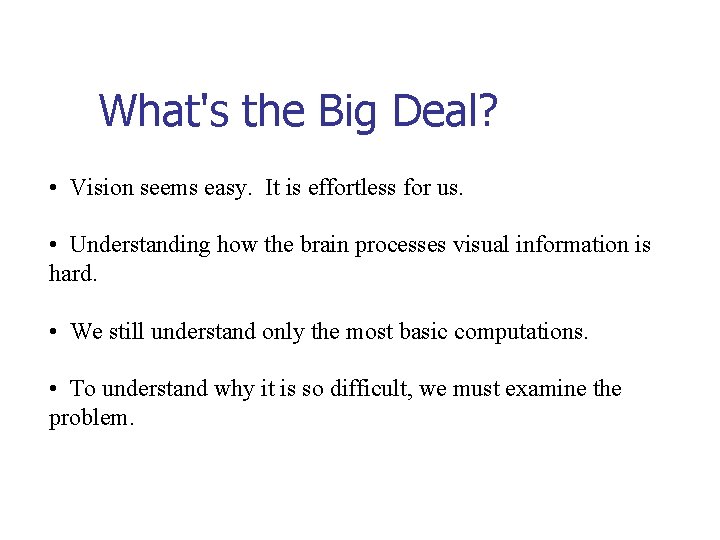 What's the Big Deal? • Vision seems easy. It is effortless for us. •