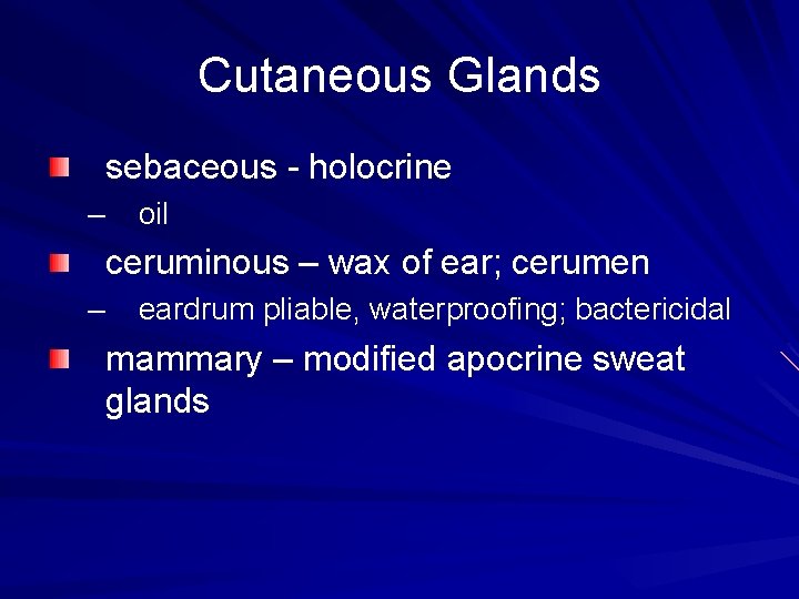 Cutaneous Glands sebaceous - holocrine – oil ceruminous – wax of ear; cerumen –