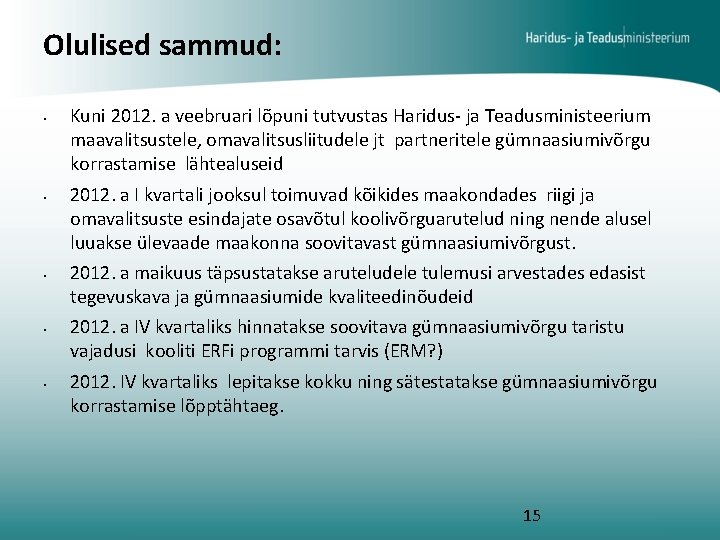 Olulised sammud: • • • Kuni 2012. a veebruari lõpuni tutvustas Haridus- ja Teadusministeerium