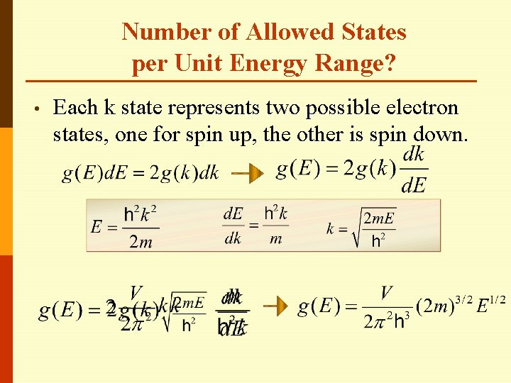 Number of Allowed States per Unit Energy Range? • Each k state represents two