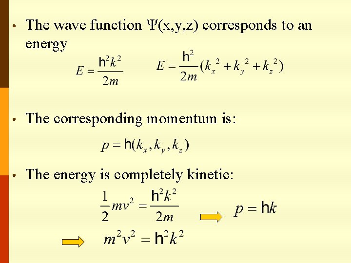  • The wave function Ψ(x, y, z) corresponds to an energy • The