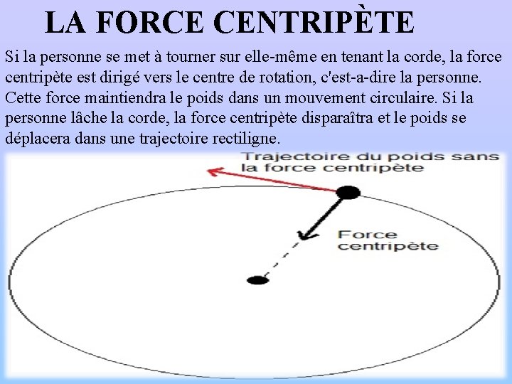 LA FORCE CENTRIPÈTE Si la personne se met à tourner sur elle-même en tenant
