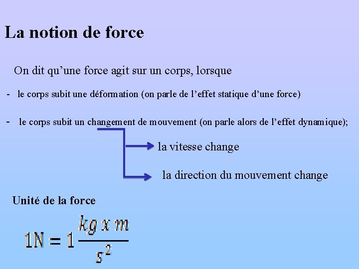 La notion de force On dit qu’une force agit sur un corps, lorsque -