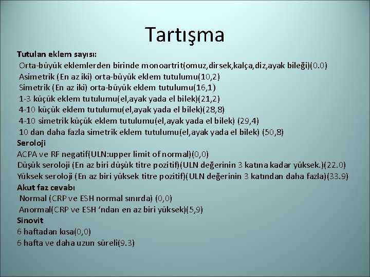 Tartışma Tutulan eklem sayısı: Orta-büyük eklemlerden birinde monoartrit(omuz, dirsek, kalça, diz, ayak bileği)(0. 0)