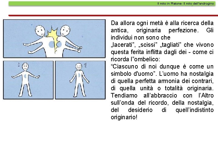 Il mito in Platone- Il mito dell’androgino Da allora ogni metà è alla ricerca