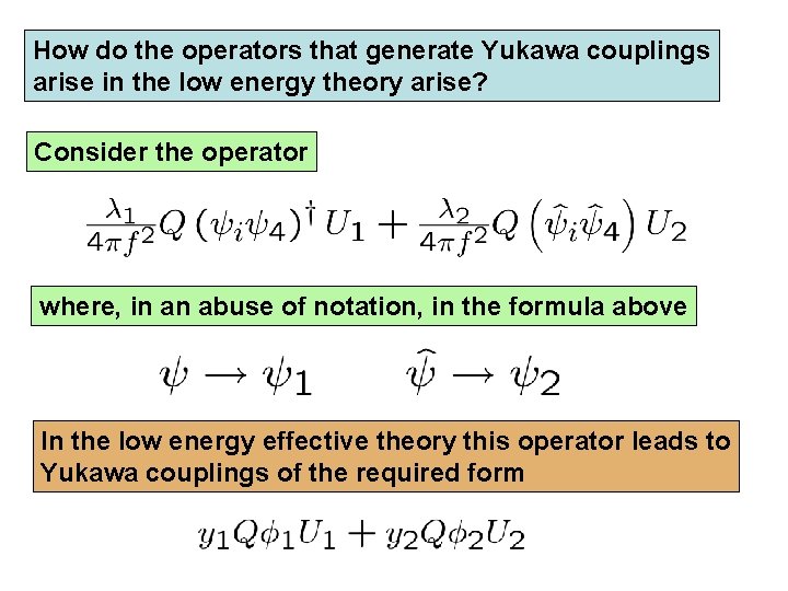 How do the operators that generate Yukawa couplings arise in the low energy theory