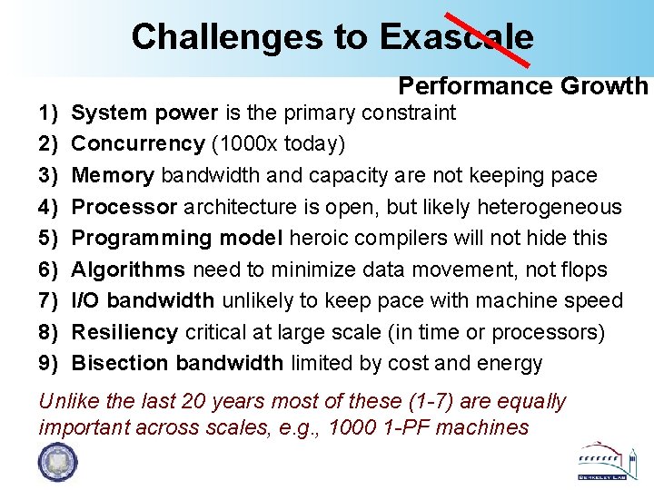 Challenges to Exascale Performance Growth 1) 2) 3) 4) 5) 6) 7) 8) 9)
