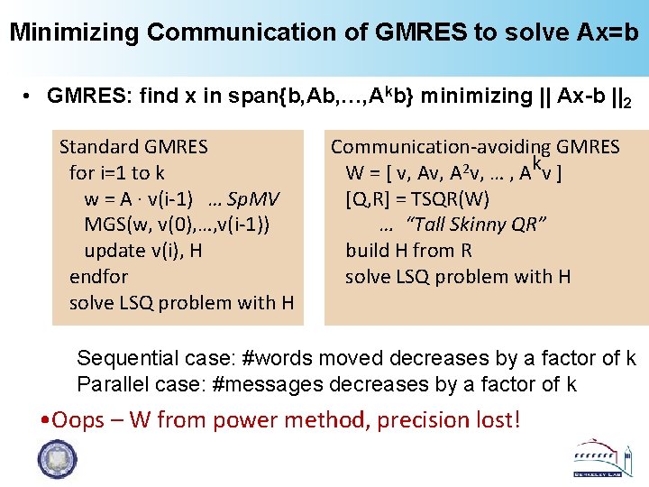 Minimizing Communication of GMRES to solve Ax=b • GMRES: find x in span{b, Ab,