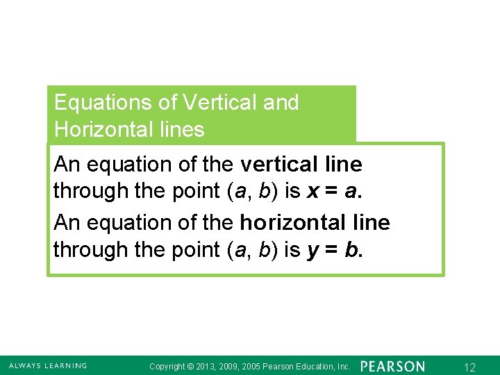 Equations of Vertical and Horizontal lines An equation of the vertical line through the