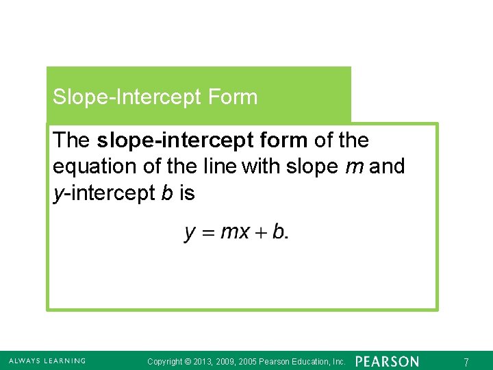 Slope-Intercept Form The slope-intercept form of the equation of the line with slope m