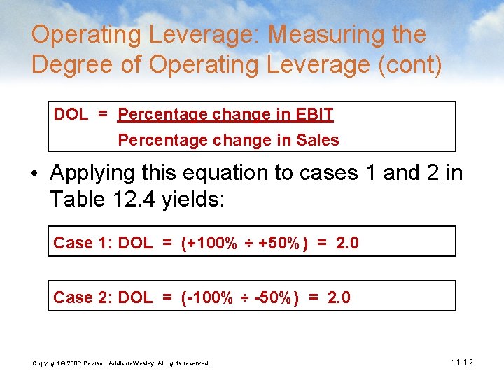 Operating Leverage: Measuring the Degree of Operating Leverage (cont) DOL = Percentage change in