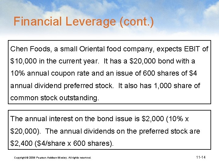 Financial Leverage (cont. ) Chen Foods, a small Oriental food company, expects EBIT of