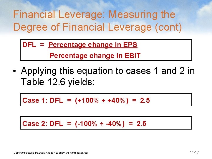 Financial Leverage: Measuring the Degree of Financial Leverage (cont) DFL = Percentage change in