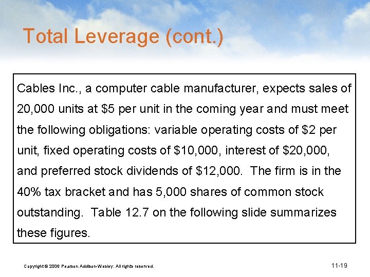 Total Leverage (cont. ) Cables Inc. , a computer cable manufacturer, expects sales of