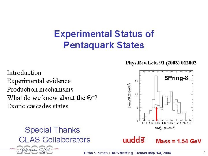 Experimental Status of Pentaquark States Phys. Rev. Lett. 91 (2003) 012002 Introduction Experimental evidence