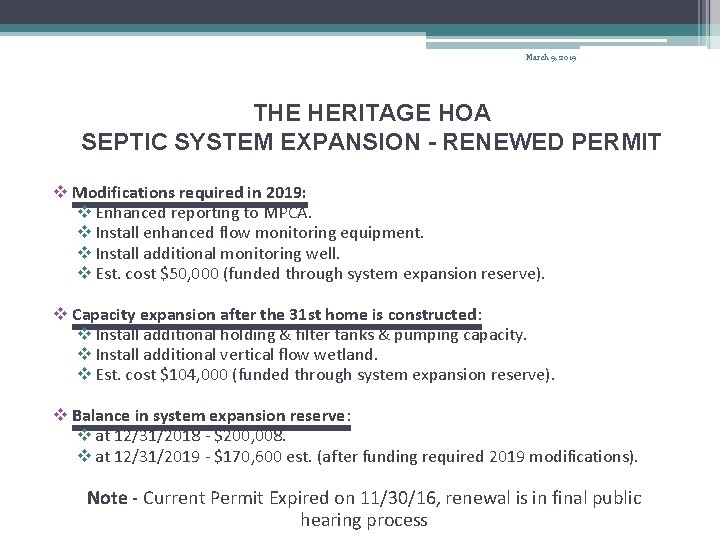 March 9, 2019 THE HERITAGE HOA SEPTIC SYSTEM EXPANSION - RENEWED PERMIT v Modifications