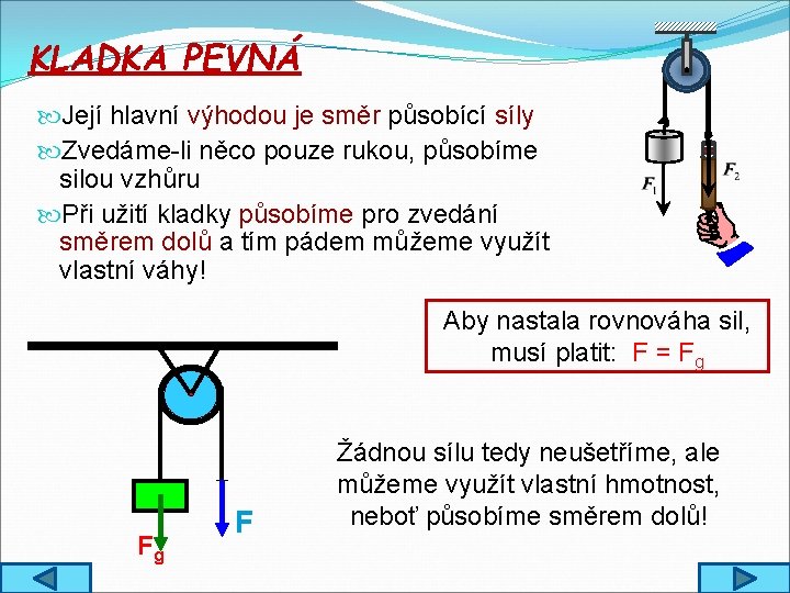 KLADKA PEVNÁ Její hlavní výhodou je směr působící síly Zvedáme-li něco pouze rukou, působíme