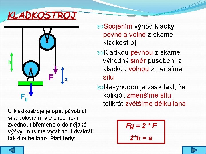 KLADKOSTROJ h F s Fg U kladkostroje je opět působící síla poloviční, ale chceme-li