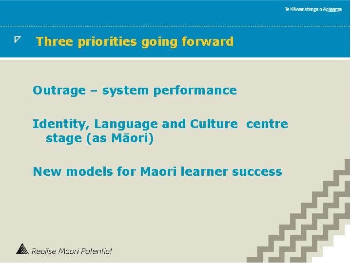 Three priorities going forward Outrage – system performance Identity, Language and Culture centre stage