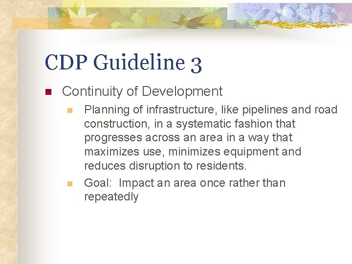 CDP Guideline 3 n Continuity of Development n n Planning of infrastructure, like pipelines