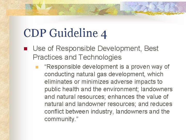 CDP Guideline 4 n Use of Responsible Development, Best Practices and Technologies n “Responsible