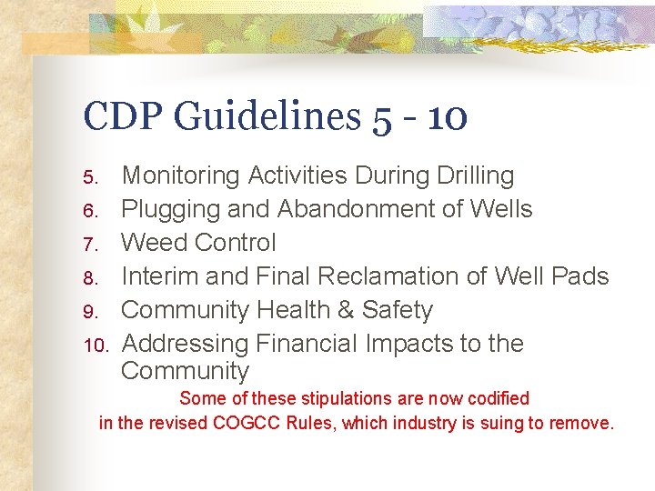 CDP Guidelines 5 - 10 5. 6. 7. 8. 9. 10. Monitoring Activities During