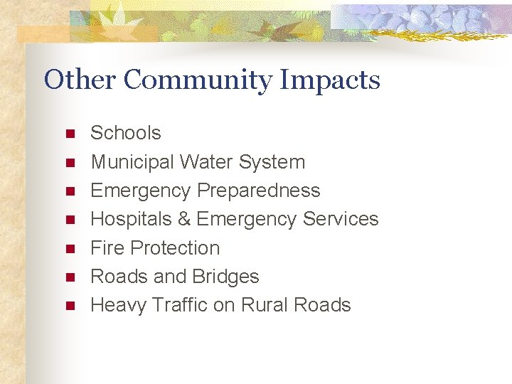 Other Community Impacts n n n n Schools Municipal Water System Emergency Preparedness Hospitals