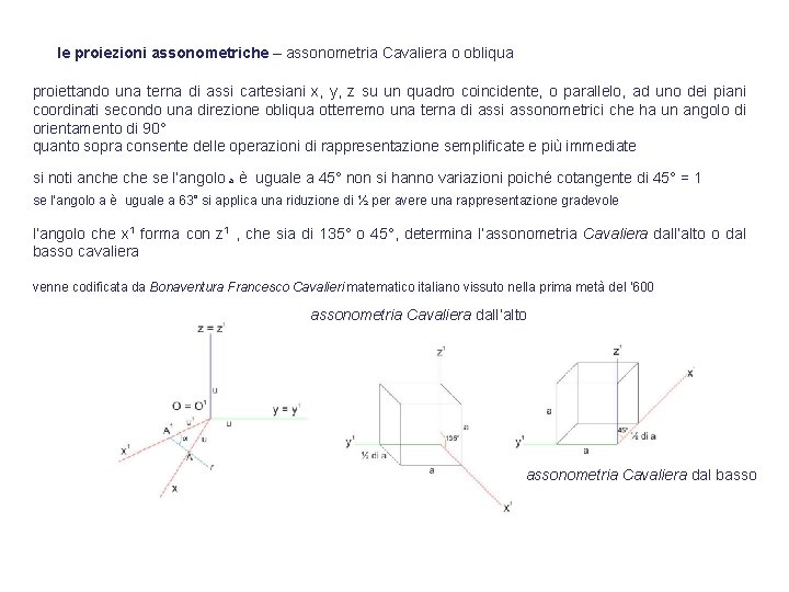 le proiezioni assonometriche – assonometria Cavaliera o obliqua proiettando una terna di assi cartesiani