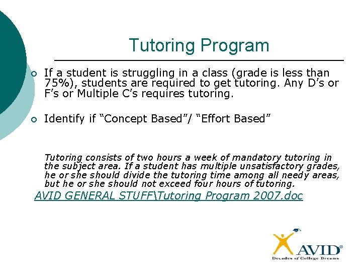 Tutoring Program ¡ If a student is struggling in a class (grade is less