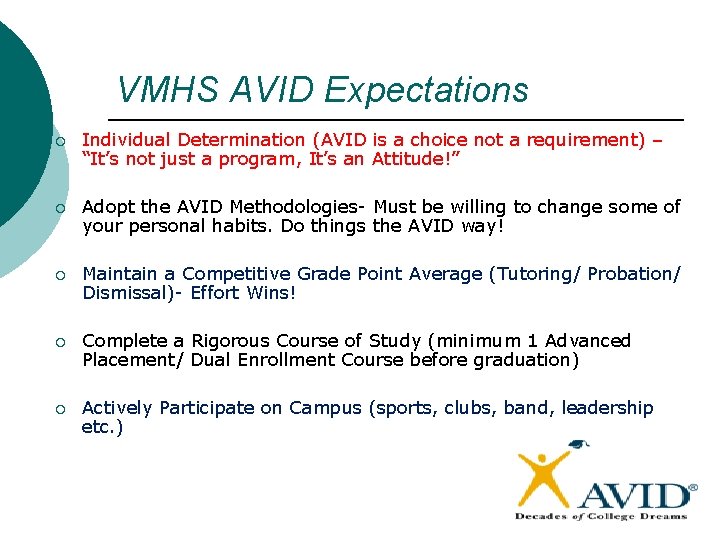 VMHS AVID Expectations ¡ Individual Determination (AVID is a choice not a requirement) –