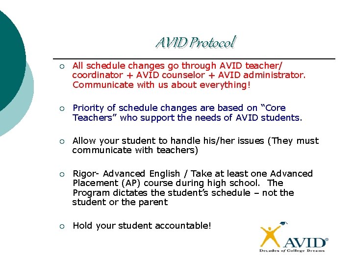 AVID Protocol ¡ All schedule changes go through AVID teacher/ coordinator + AVID counselor