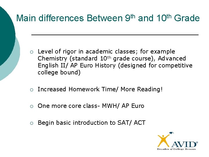 Main differences Between 9 th and 10 th Grade ¡ Level of rigor in