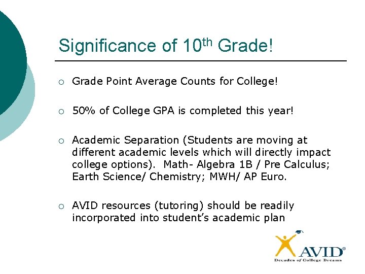 Significance of 10 th Grade! ¡ Grade Point Average Counts for College! ¡ 50%