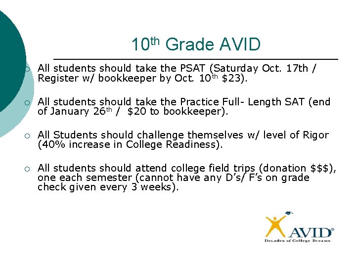 10 th Grade AVID ¡ All students should take the PSAT (Saturday Oct. 17