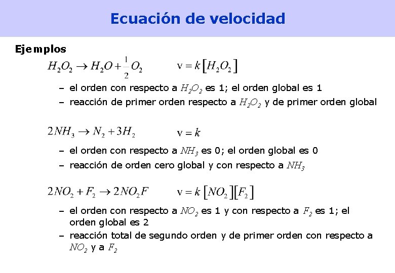 Ecuación de velocidad Ejemplos – el orden con respecto a H 2 O 2