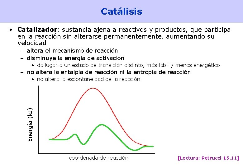 Catálisis • Catalizador: sustancia ajena a reactivos y productos, que participa en la reacción