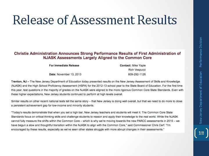 New Jersey Department of Education Performance Division Release of Assessment Results 18 