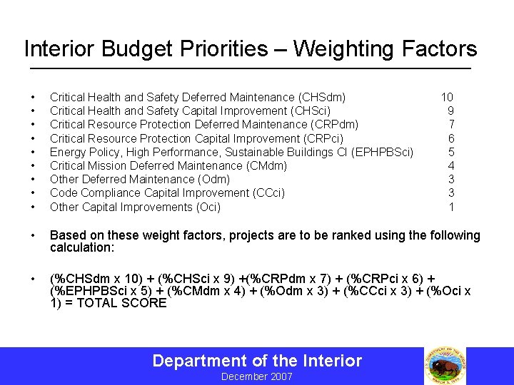 Interior Budget Priorities – Weighting Factors • • • Critical Health and Safety Deferred