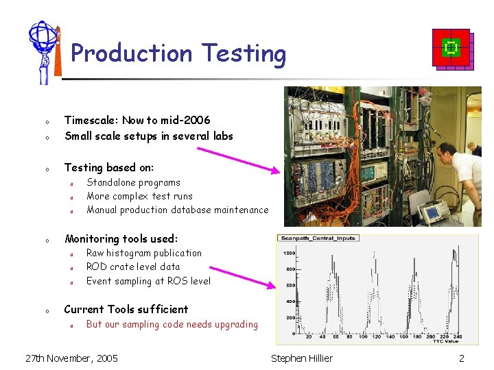 Production Testing o Timescale: Now to mid-2006 Small scale setups in several labs o