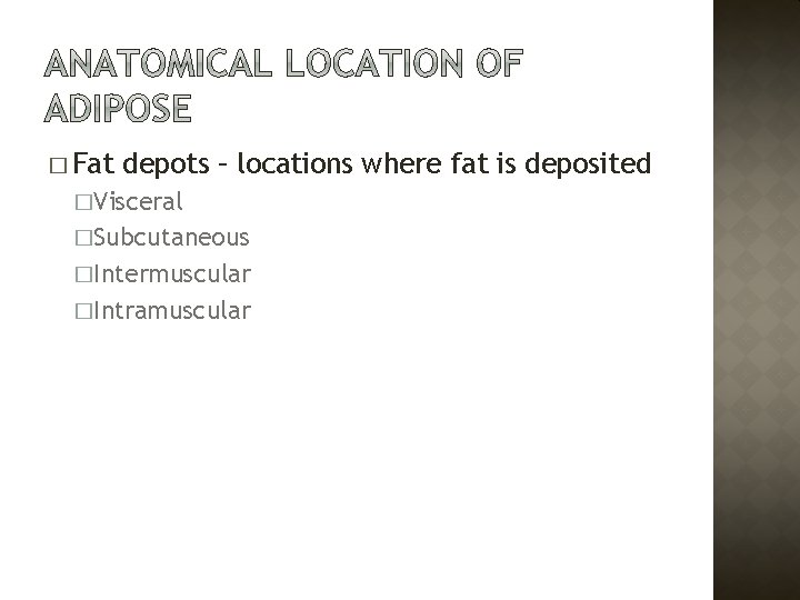 � Fat depots – locations where fat is deposited �Visceral �Subcutaneous �Intermuscular �Intramuscular 