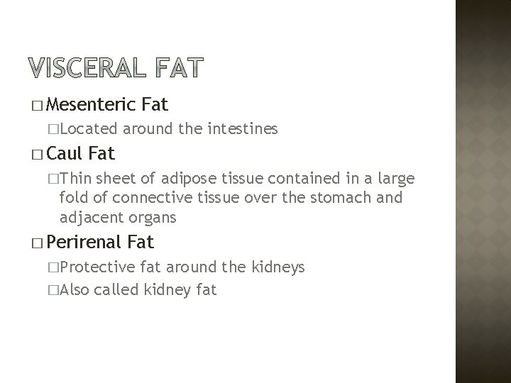� Mesenteric �Located � Caul Fat around the intestines Fat �Thin sheet of adipose