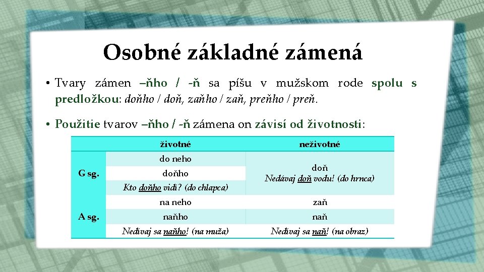 Osobné základné zámená • Tvary zámen –ňho / -ň sa píšu v mužskom rode