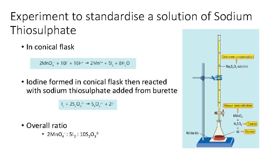 Experiment to standardise a solution of Sodium Thiosulphate • In conical flask • Iodine