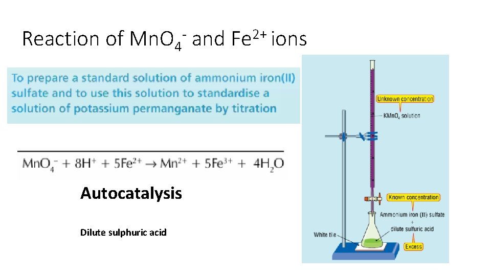 Reaction of Mn. O 4 - and Fe 2+ ions Autocatalysis Dilute sulphuric acid